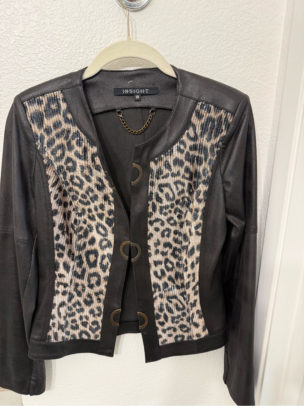 INSIGHT Black Leather Jacket with Leopard-Print Panels